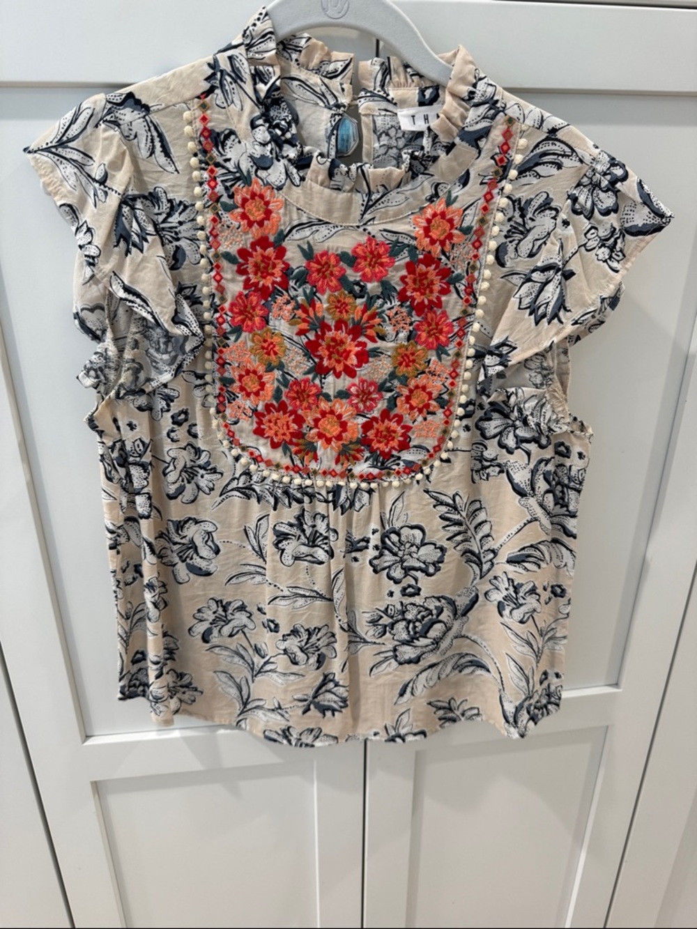 THML Beige flutter sleeve Blouse with Red Floral Embroidery